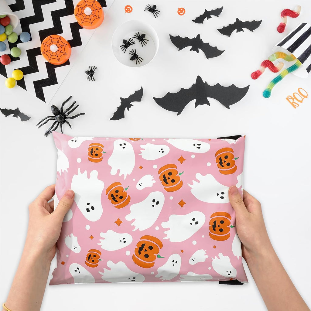 100Pcs Halloween Poly Mailers 14.5 x 19 Inch Pink Ghost Pumpkin Packaging Bags Large Self Seal Mailing Envelope Bags