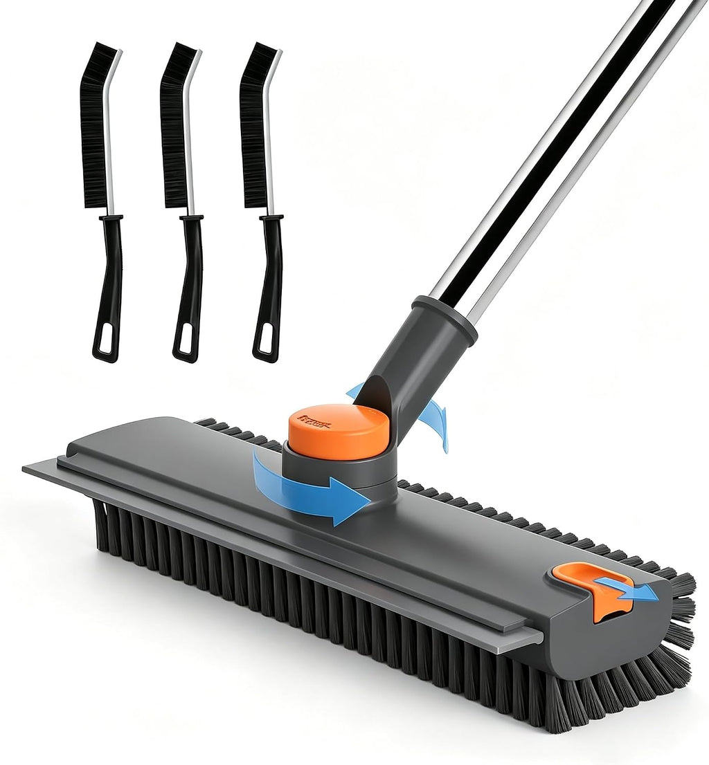 Floor Scrub Brush with Long Handle, 3 in 1 Floor Scrubber, Heavy Duty Stiff Bristle Squeegee Broom for Cleaning