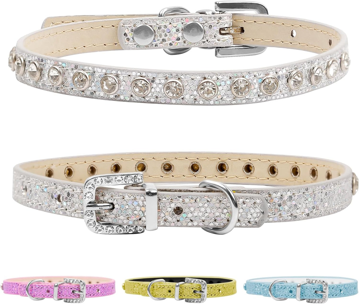 Pet Bling Accessories Cat and Dog Rhinestone Collar PU Leather Adjustable Collar (Extra Small, Silver)