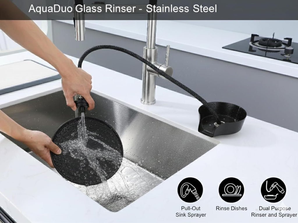 AquaDuo Glass Rinser and Kitchen Sink Sprayer Combo, Stainless Steel Cup Washer, Cup Cleaner, Bottle Washer, Glass