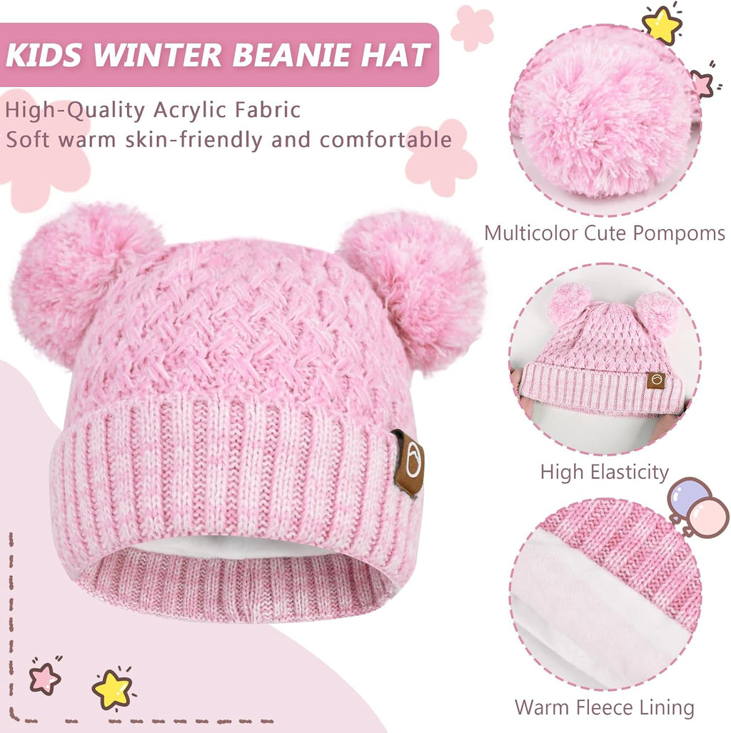 Kids Winter Hat Gloves Scarf Set,Toddler Girls Winter Hat Kids Beanie with Pom Neck Warmer Gaiter Mittens Fleece