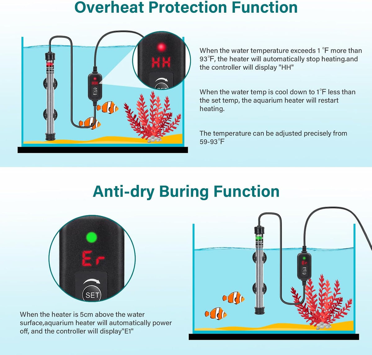 Submersible Aquarium Heater, 100W 150W 200W 300W Adjustable Fish Tahk Heater with Temperature Controller, LED