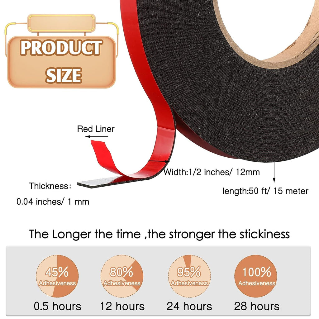 2 Rolls 1/2 Inch by 50 Feet Double Sided Tape Heavy Duty Waterproof Mounting Foam Adhesive Double Stick Black Tape