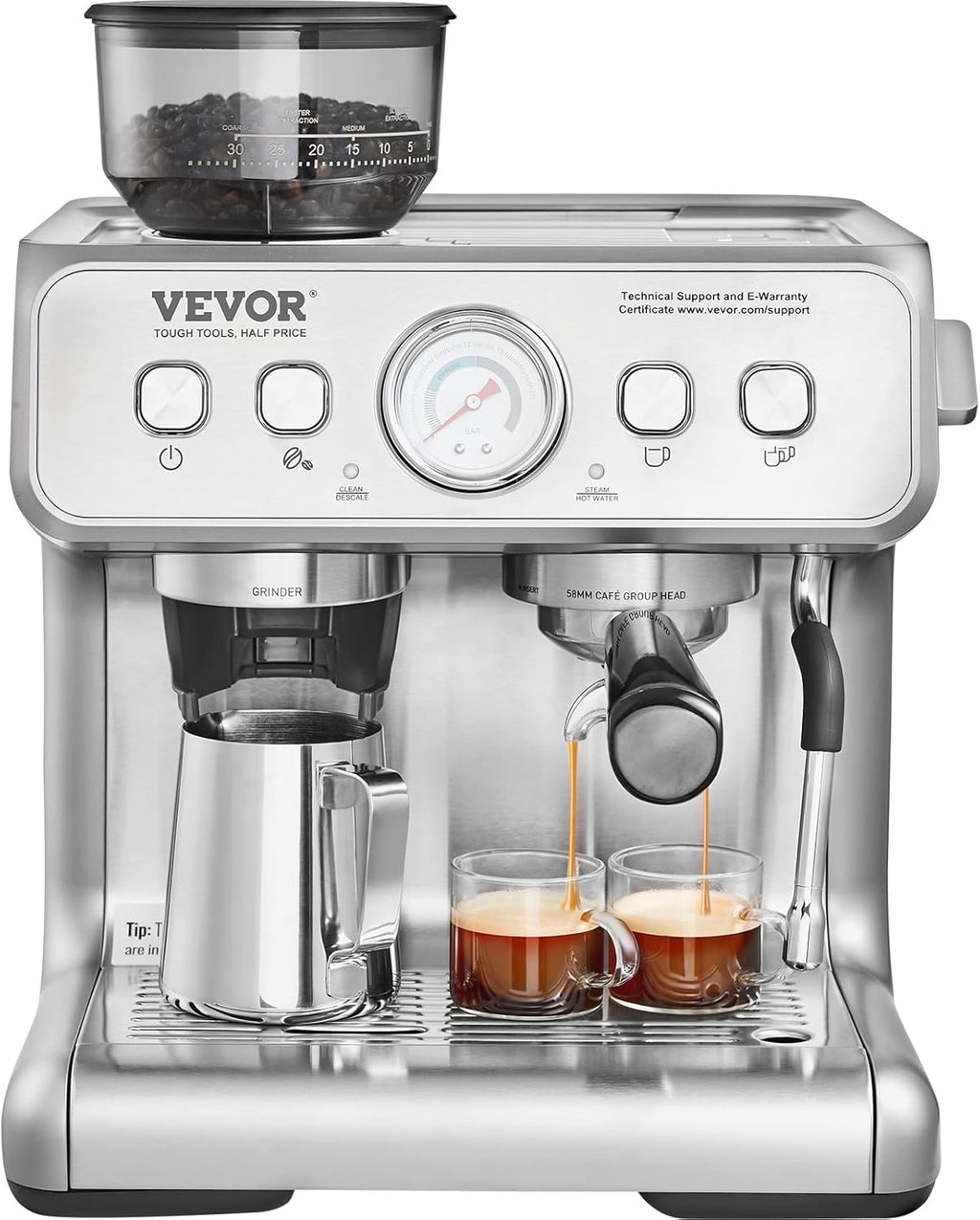 Espresso Machine Built-in Grinder, 15 Bar Semi-Automatic Espresso Coffee Maker with Milk Frother Steam Wand, PID