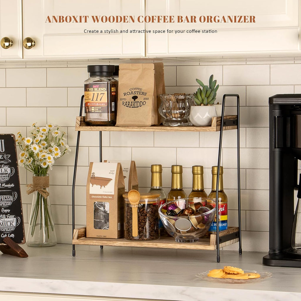 Countertop Coffee Station Organizer, 2 Tier Wooden Shelf