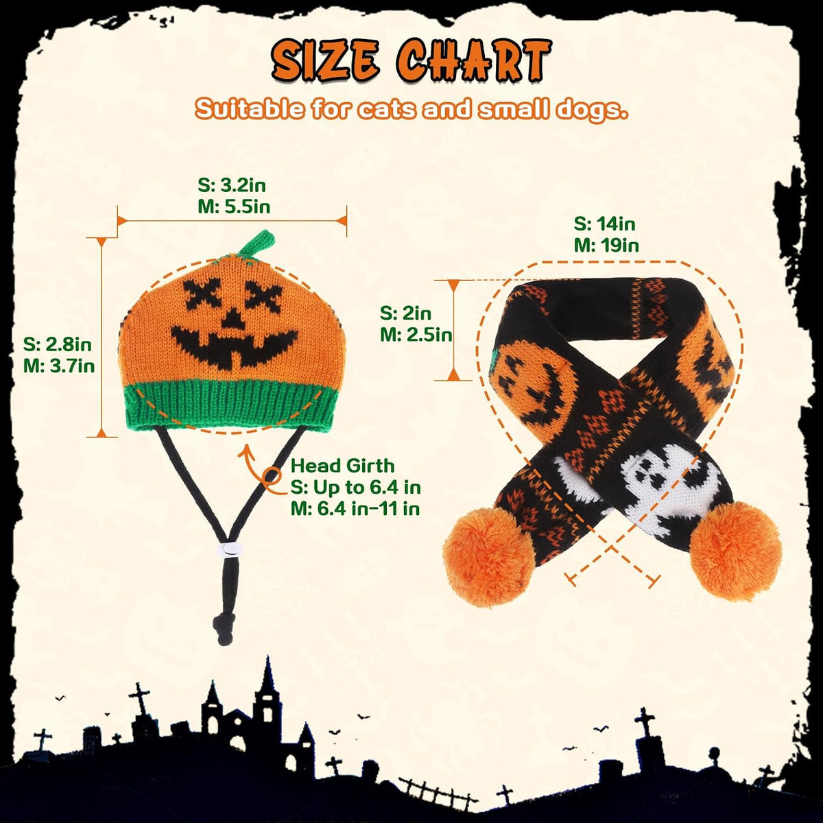 Halloween Dog Costumes Hat Scarf Set Knit, 2 Pcs Pet Halloween Pumpkin Costume Outfit Funny Holiday Cosplay