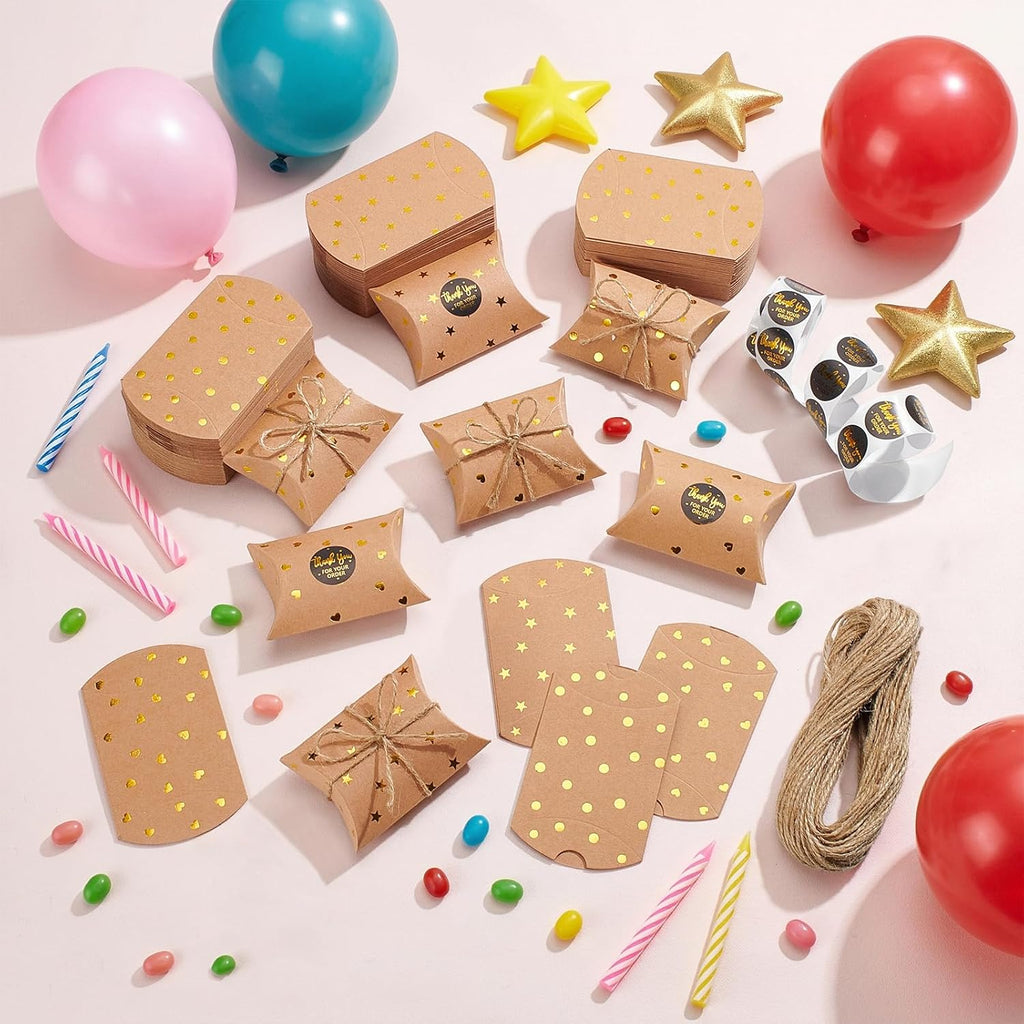 300Pcs Small Gift Pillow Boxes, 3.6x2.5x1Inch Pillow Gift Boxes Foldable Gift Box with Hemp Cord and Paper Stickers