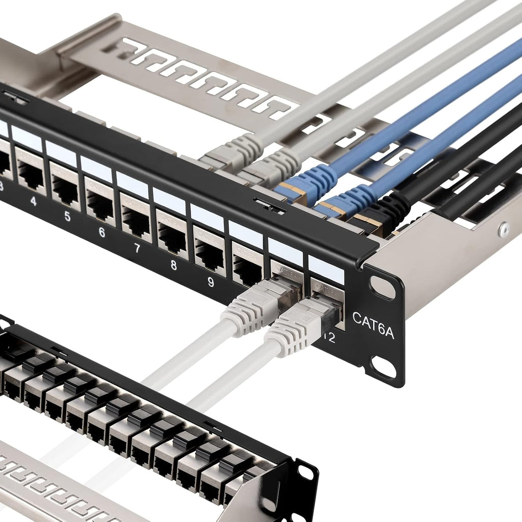 Mini 12 Port Cat6A Patch Panel with Inline Keystone 10G Support, Shielded 10-Inch with Removable Back Bar, 1U Network