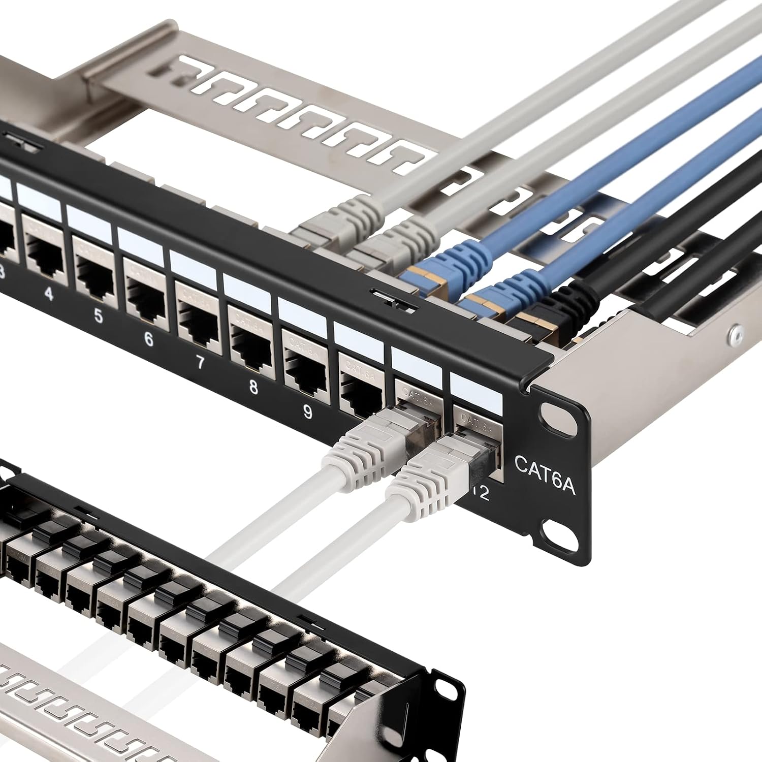 Mini 12 Port Cat6A Patch Panel with Inline Keystone 10G Support, Shielded 10-Inch with Removable Back Bar, 1U Network