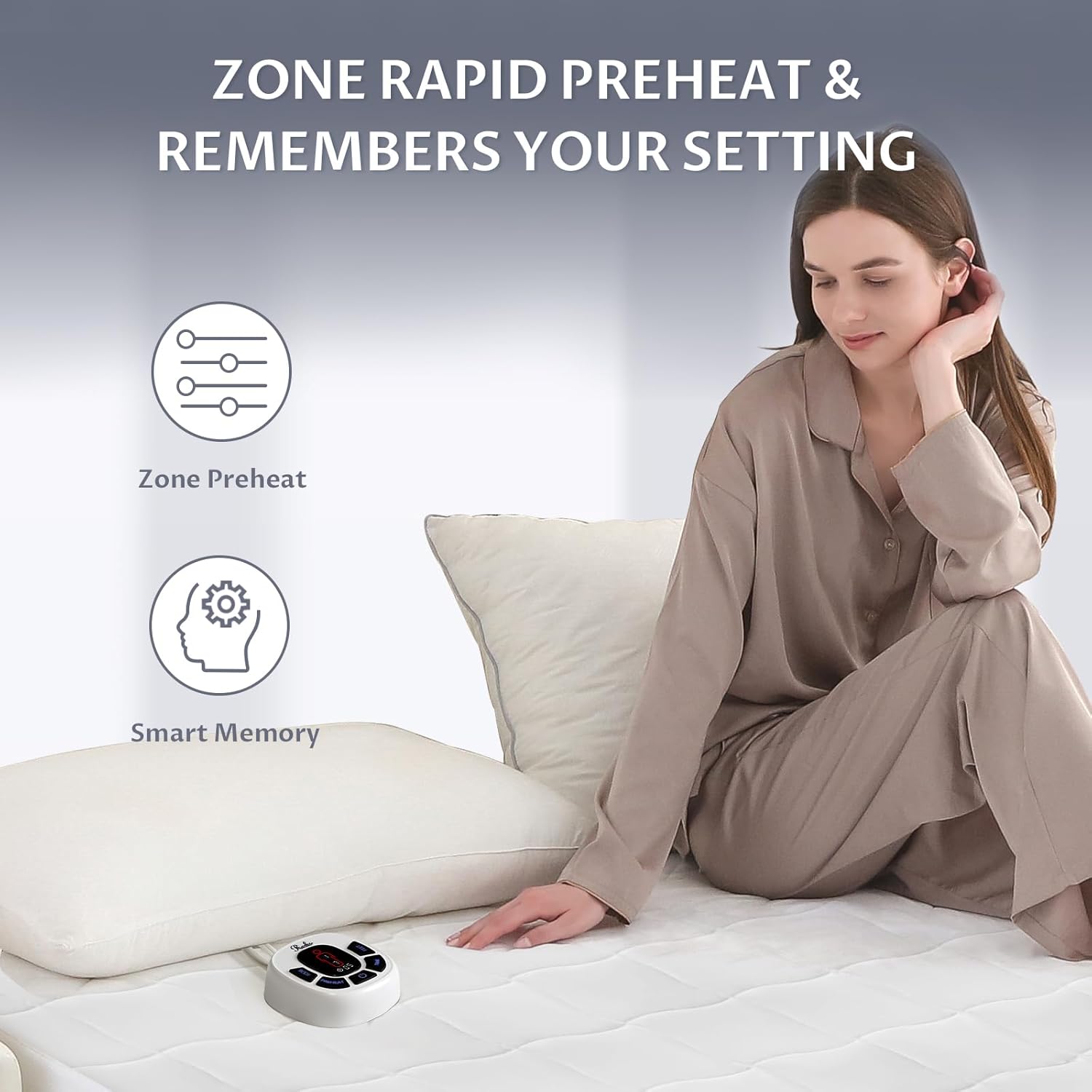 Heated Mattress Pad Queen Size, Dual Control, 10 Heat Settings | 4-zone warmth, preheat & memory functions, 1-12 hour