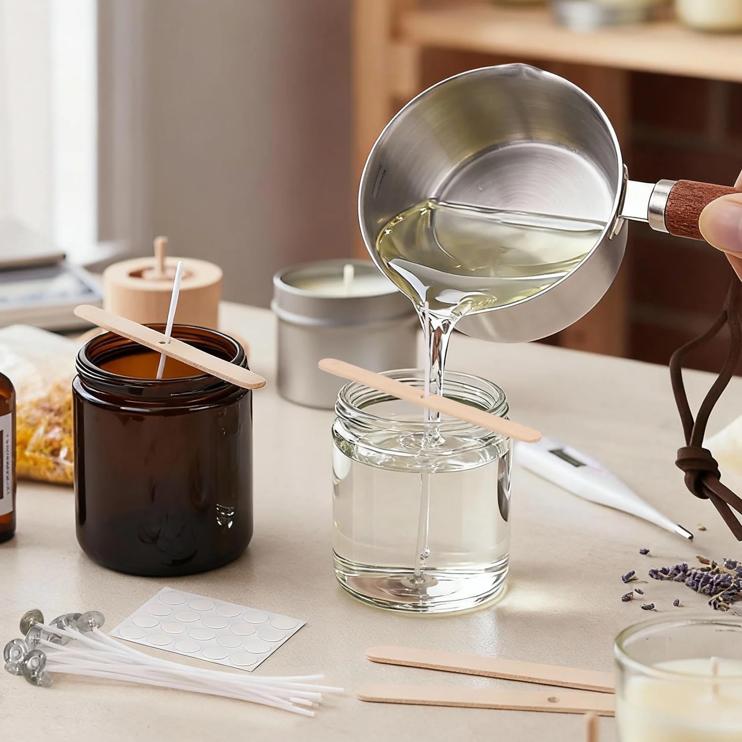 Wooden Handle Wax Melting Pot for Candle Making, Stainless Steel Pouring Pitcher with Spout, Heat-Resistant Handle