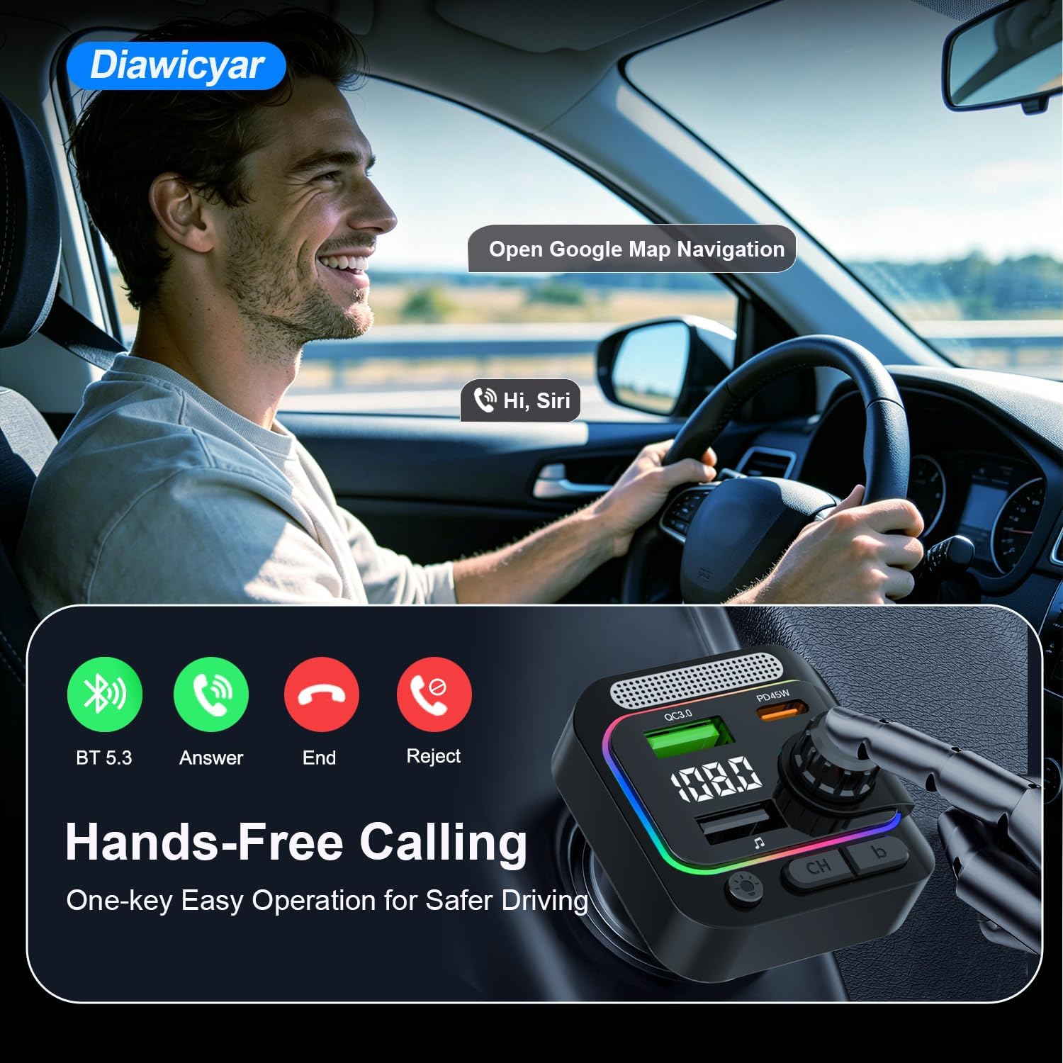 63W FM Transmitter Bluetooth Car Adapter, Wireless FM Bluetooth Transmitter | [PD 45W & QC3.0] Fast Charge, Deep Bass