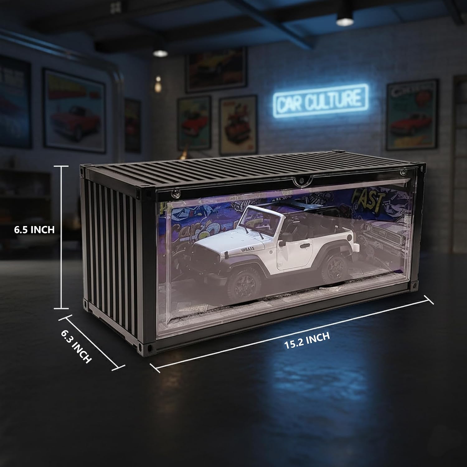 Display Case with LED Light for 1/18 Scale Model Car | Shipping Container Style Garage Diorama Show Case - Graffiti