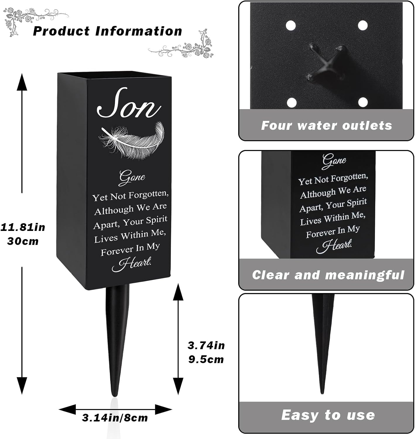 Son Cemetery Vases for Grave, Metal Cemetery Grave Flower Vase with Stake, Son Grave Cemetery Decorations, Metal