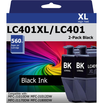 LC401XL LC401 Black Ink Cartridges 2-Pack Compatible with Brother MFC-J1010DW MFC-J1012DW MFC-J1170DW MFC-J1800DW