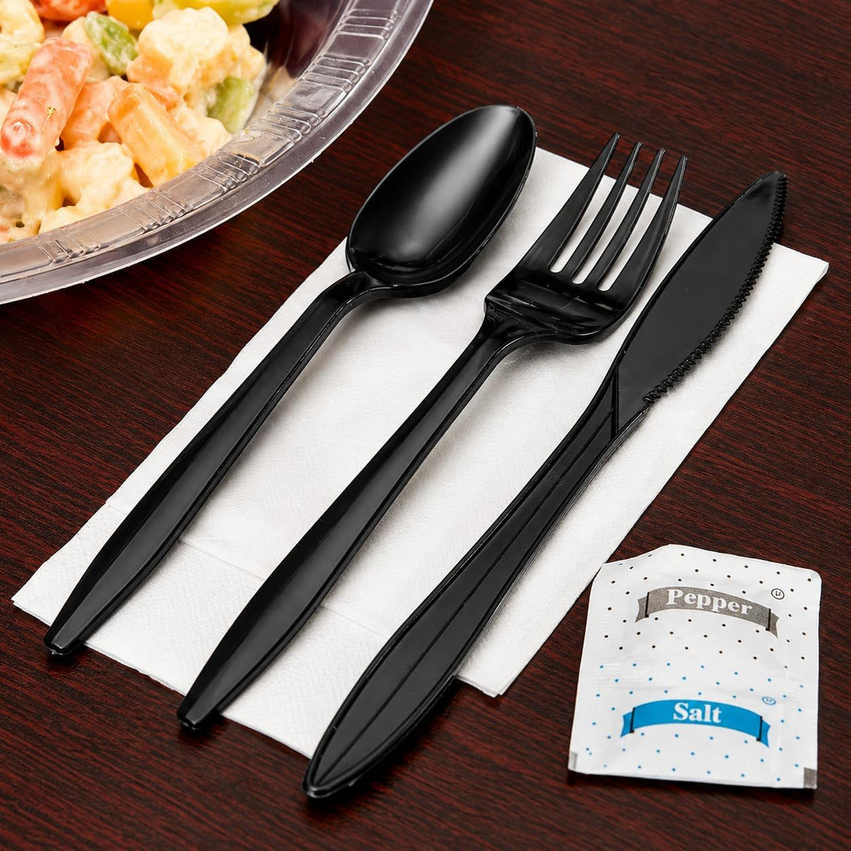 100 Pack Medium Weight Wrapped Black Plastic Cutlery Pack with Napkin and Salt/Pepper Packets (Black)