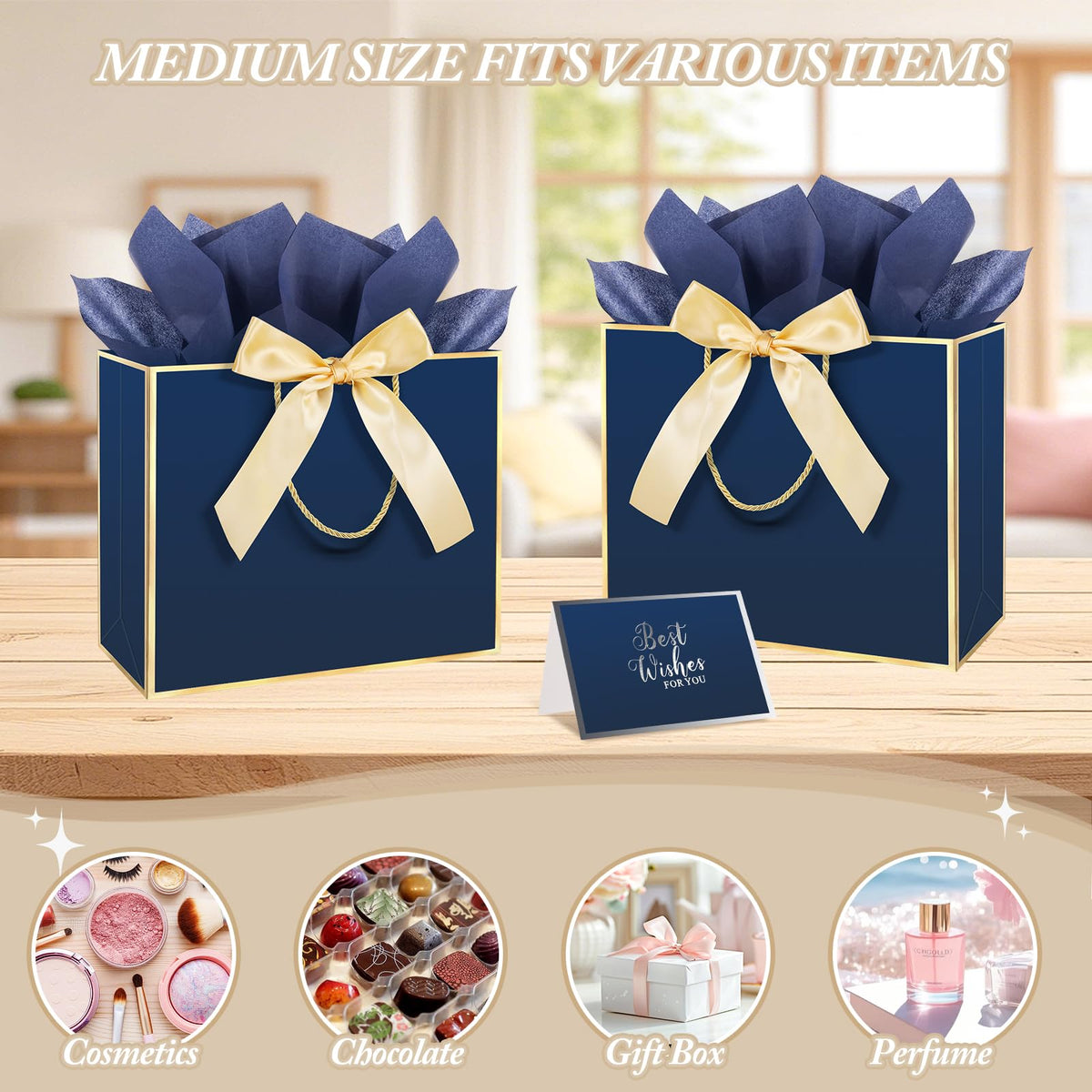6 Pack Navy Blue Large Gift Bags with Handles & 18 Tissue Papers