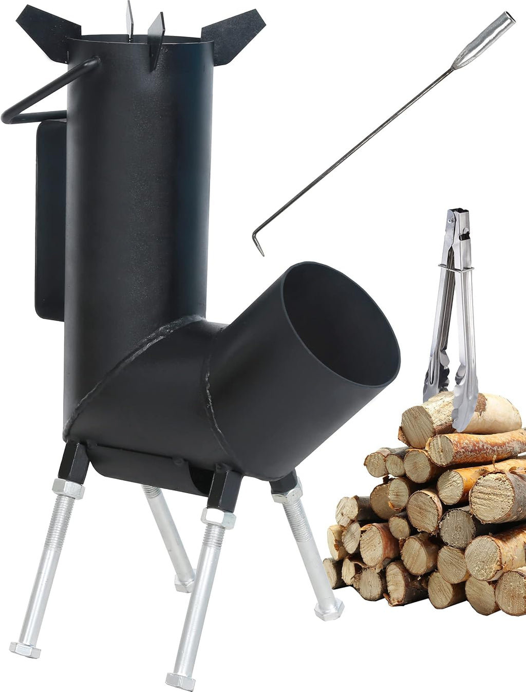 Rocket stove with handle, A portable wood burning camping stove with a fire poker & tongs. wood burning Rocket stove