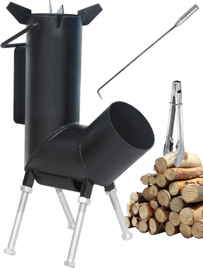 Rocket stove with handle, A portable wood burning camping stove with a fire poker & tongs. wood burning Rocket stove