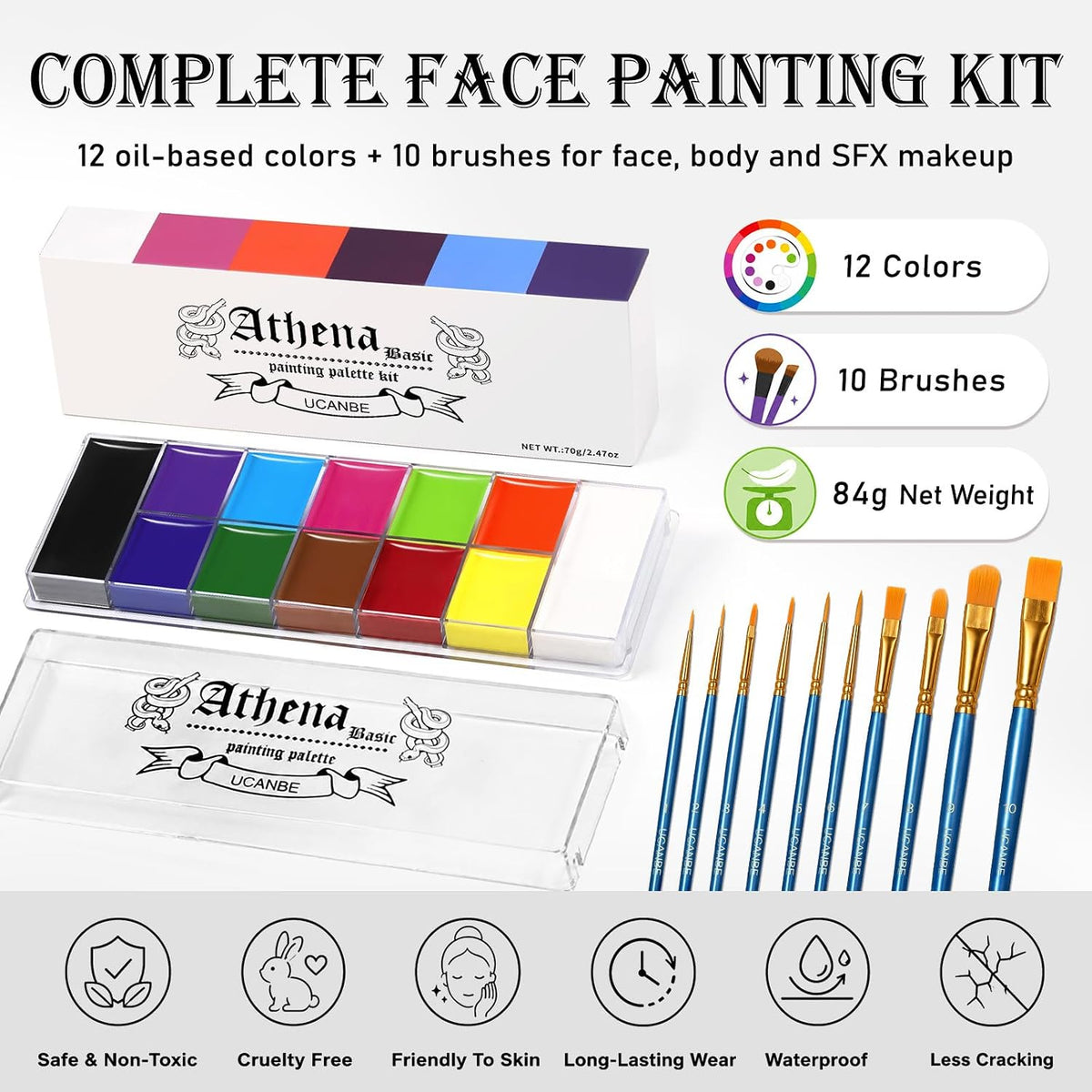 Athena Basic Face Body Paint Palette 12 Colors Oil-Based SFX Kit