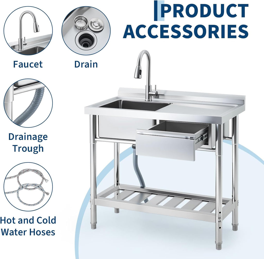 39in Stainless Steel Utility Sink, Free Standing Outdoor Sink