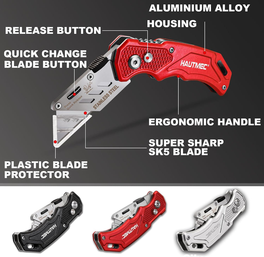 3-Pack Folding Utility Knife, Heavy-Duty Aluminum Box Cutter with Quick-Change Blades & Lock-Back Safety Design