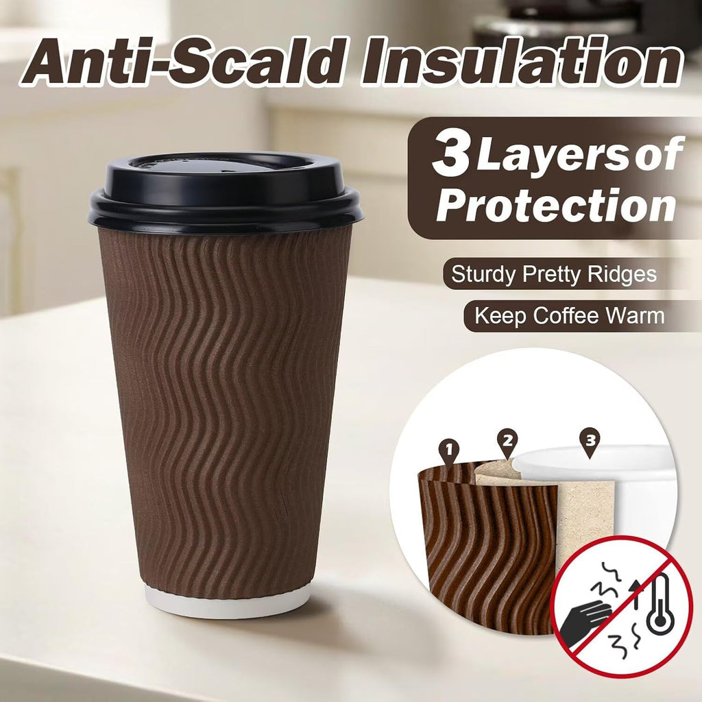 16 oz Insulated Disposable Paper Coffee Cups with Lids 50 Pack