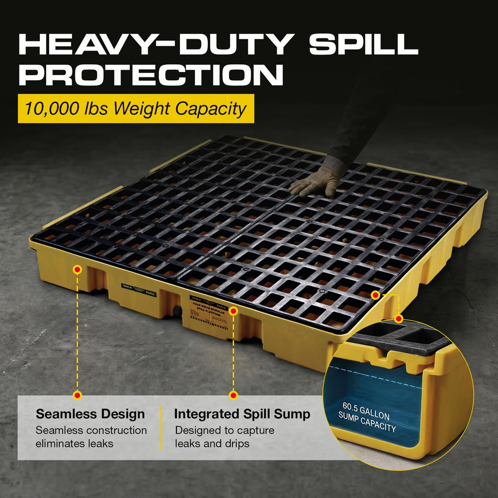 Square 4 Drum Spill Containment Pallet with Drain, Made in USA,Yellow