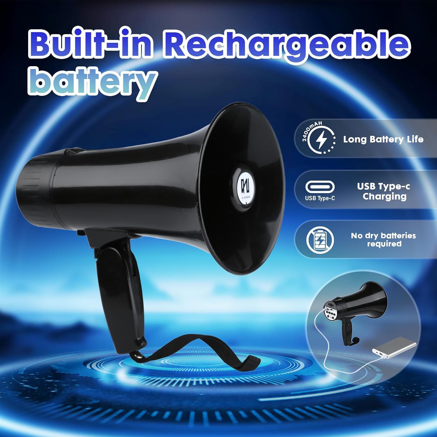 20 Watt Rechargeable Megaphone Bullhorn with Siren and 240s Recording, BT and USB Input, Megahone Speaker with Power