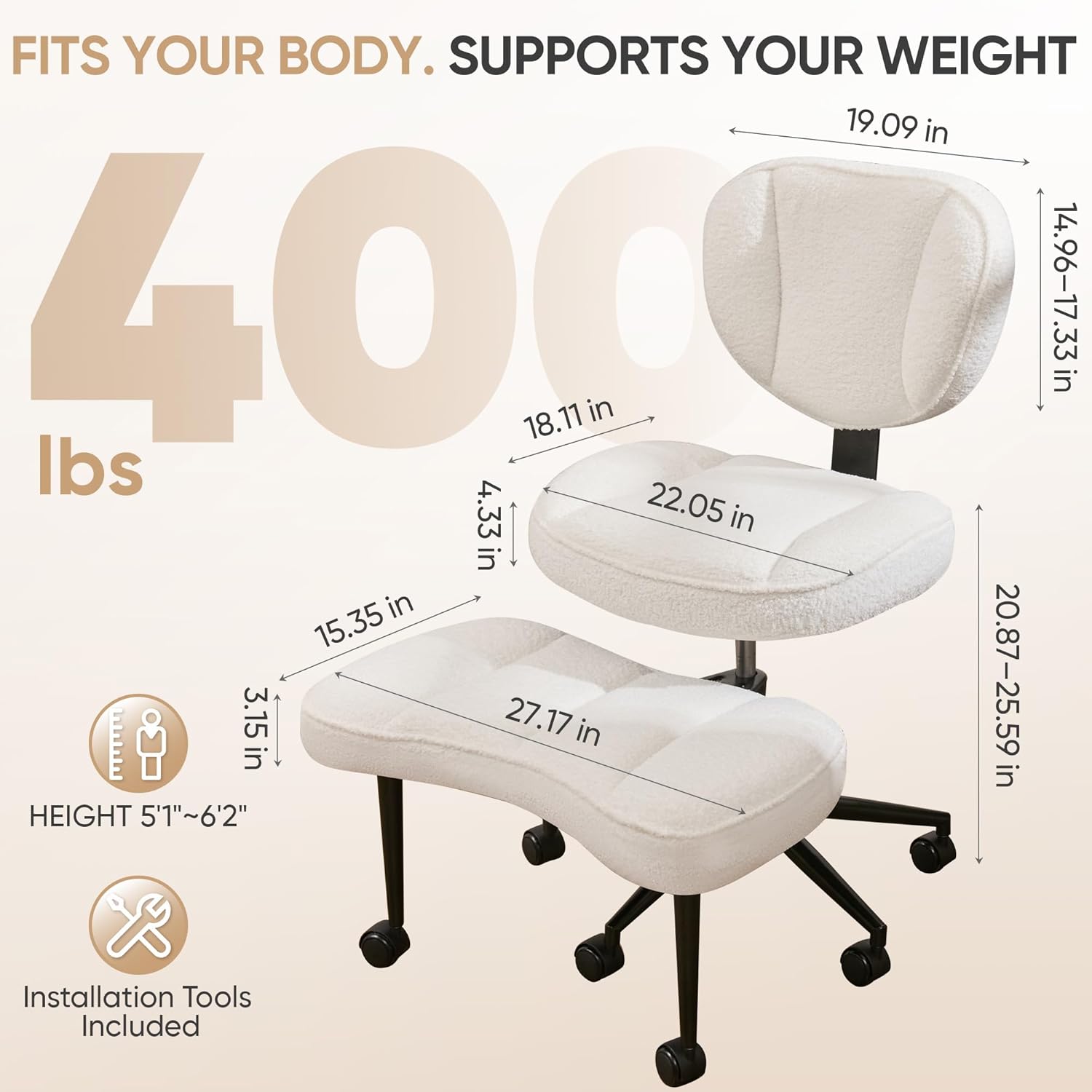 Criss Cross Office Chair with Wheels, Adjustable-Height Backrest & Swivel Footrest, Ergonomic Cross Legged Chair with