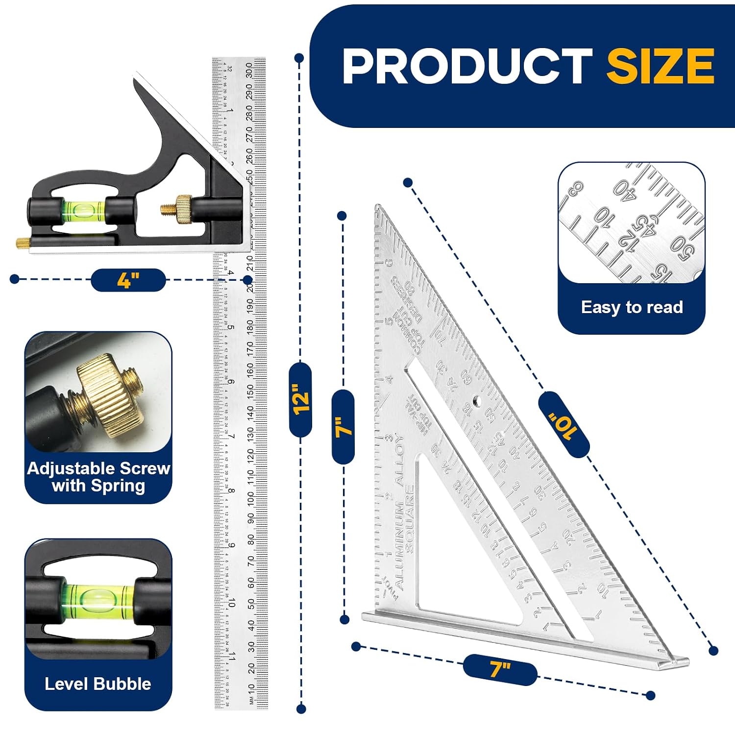 Combination Square 12 Inch and 7 Inch Carpenter Square Tool Set | Aluminum Rafter Square for Framing, Adjustable