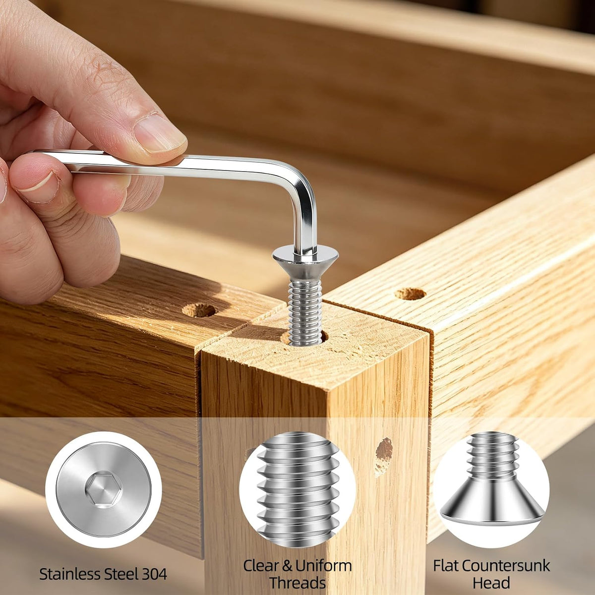 100 PCS M5 x 16mm Flat Head Socket Cap Screws Bolts, Countersunk Allen Bolts, Stainless Steel 304, Full Thread, Bright Finish, Screwdriver Included