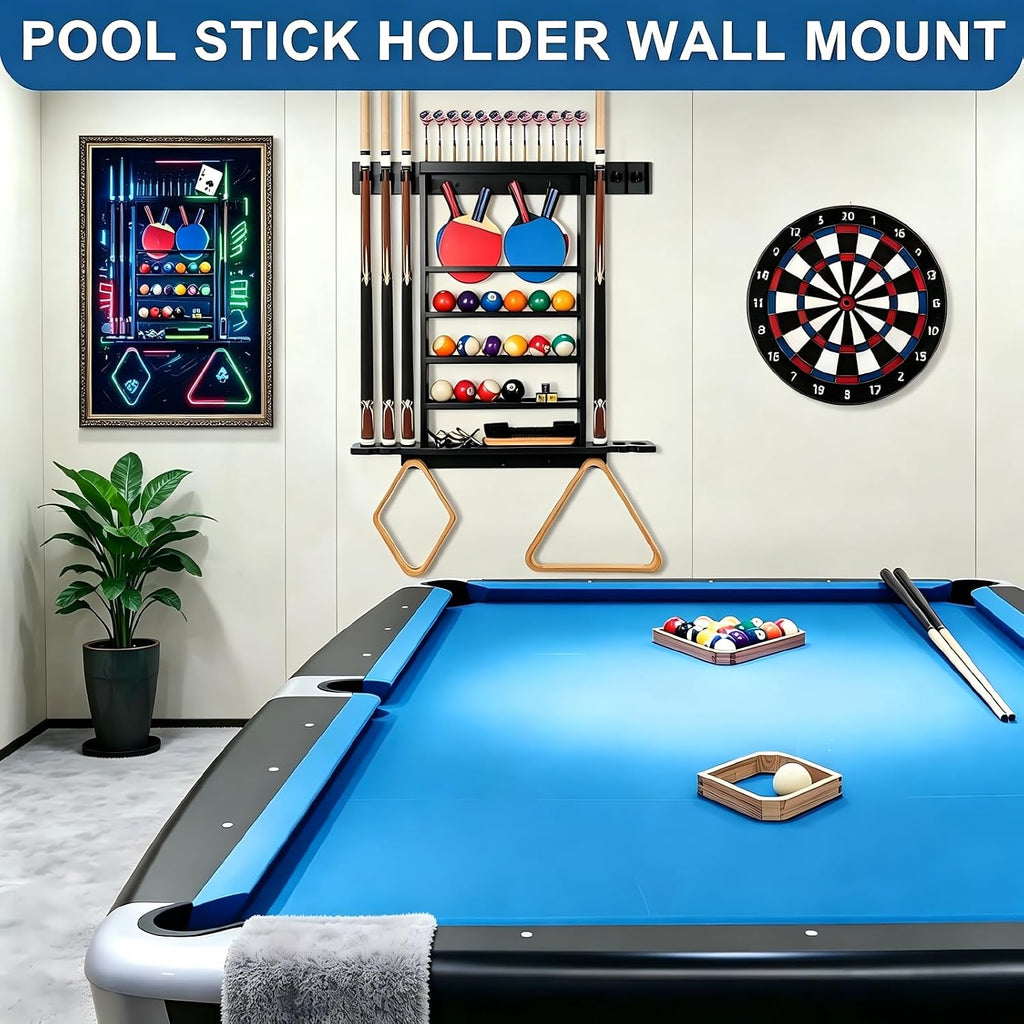 Pool Stick Holder Wall Mount, Pool Cue Rack, Ping Pong Paddle Holder, Dart Holder 3-IN-1,100% Solid Wood Billiard Cue