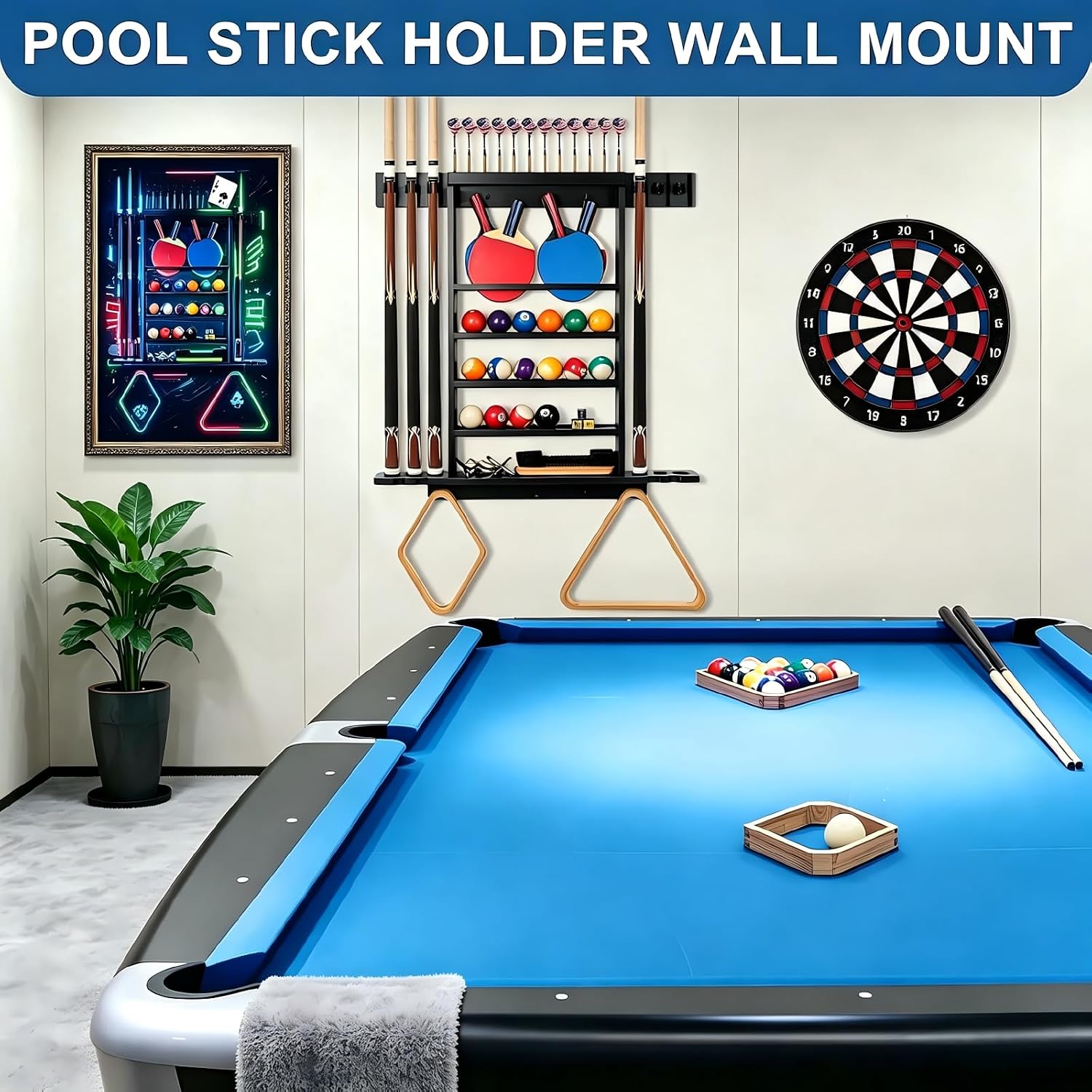 Pool Stick Holder Wall Mount, Pool Cue Rack, Ping Pong Paddle Holder, Dart Holder 3-IN-1,100% Solid Wood Billiard Cue