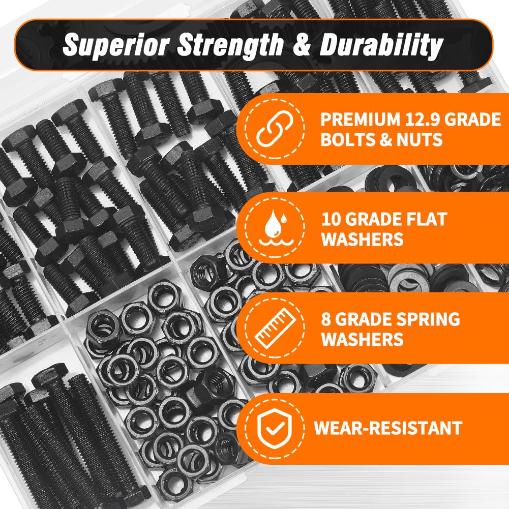 12.9 Grade Bolts and Nuts Assortment, 280pcs M5 Hex Bolt Nut Washers Kit