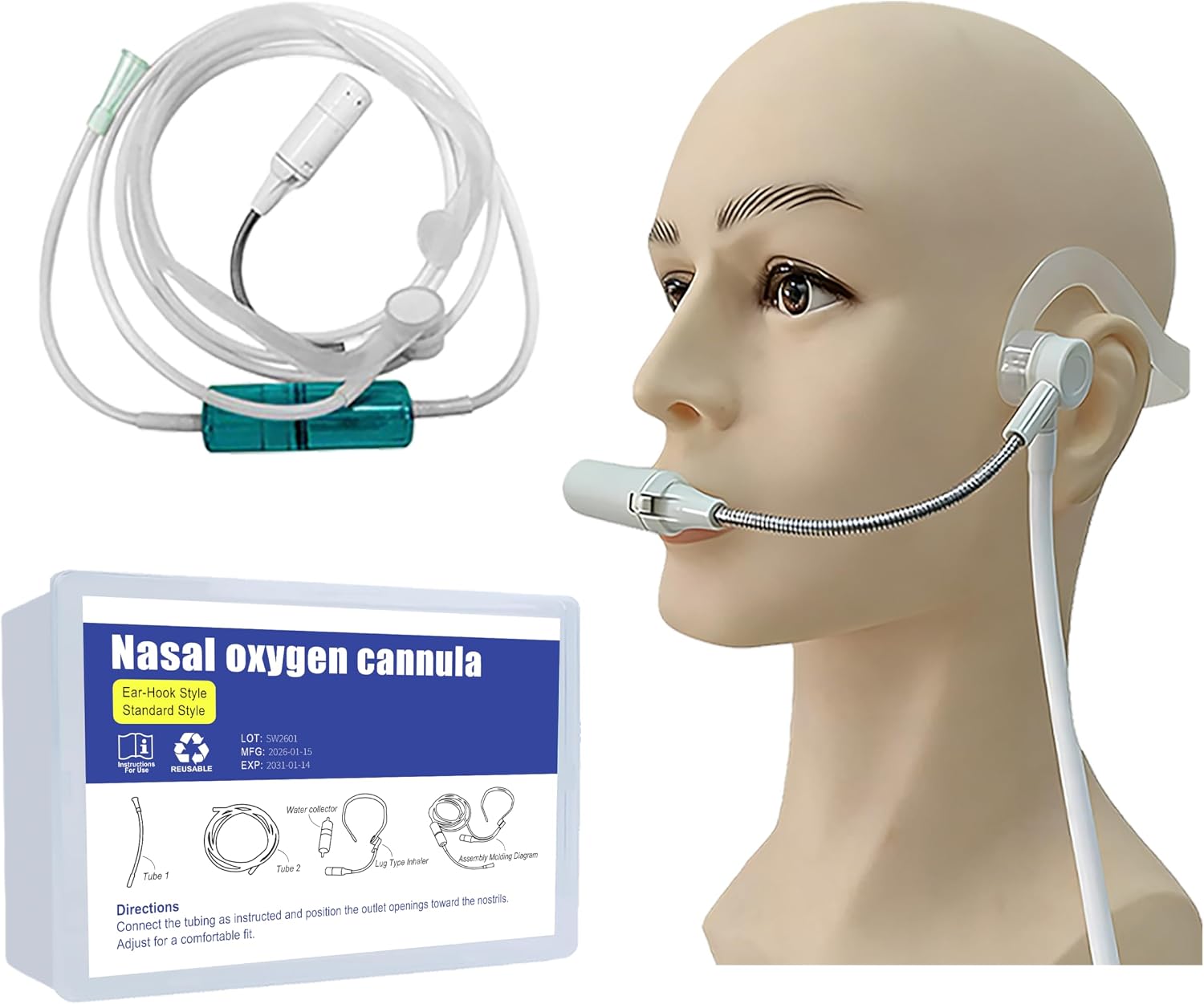 Nasal Cannula for Oxygen, 7ft Oxygen Tubing, Adult, Ear Hooks, PP Box