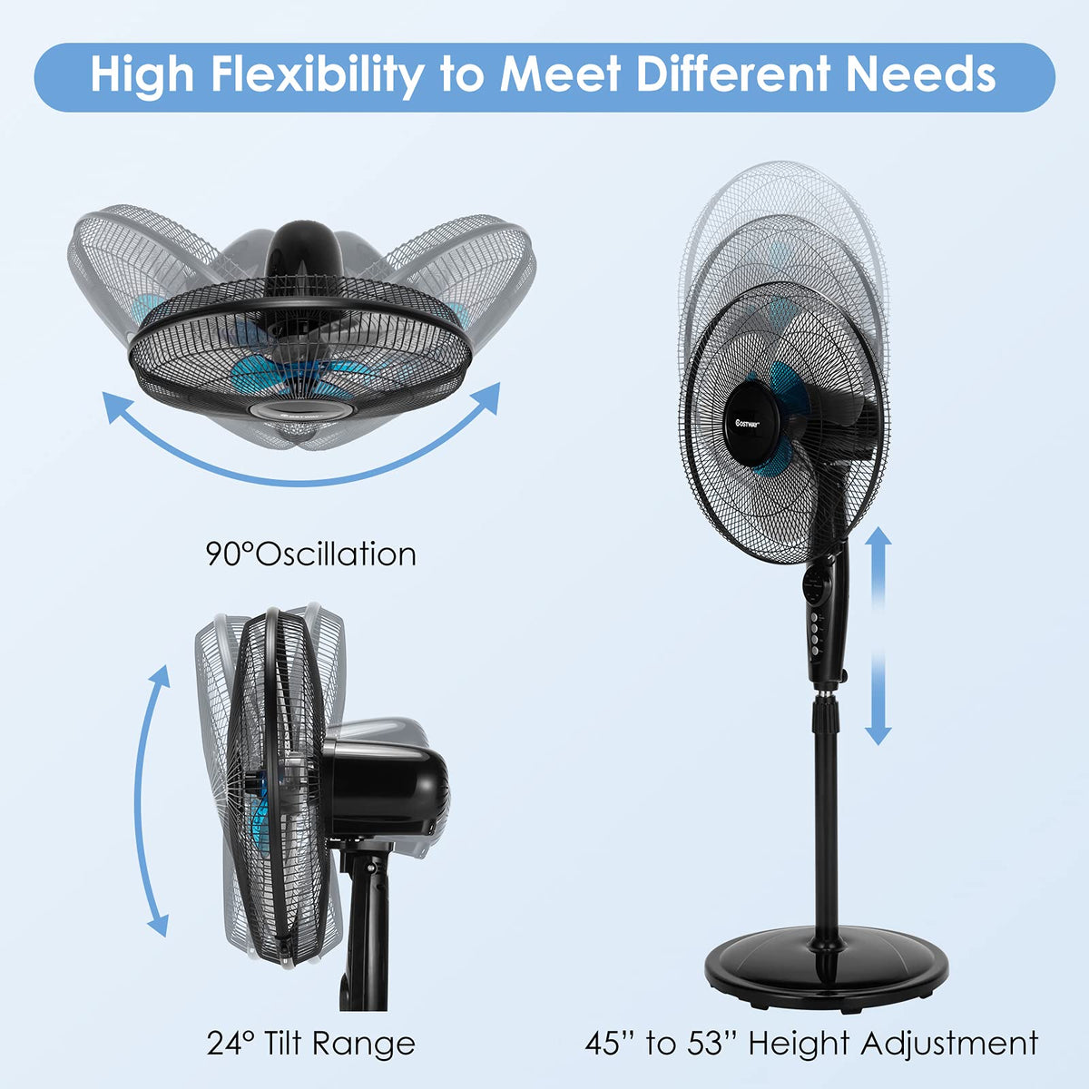 Pedestal Fan, 16-Inch Adjustable Height Fan, 3-Speed Digital Control, Timer, LCD Display, Double Blades, Remote