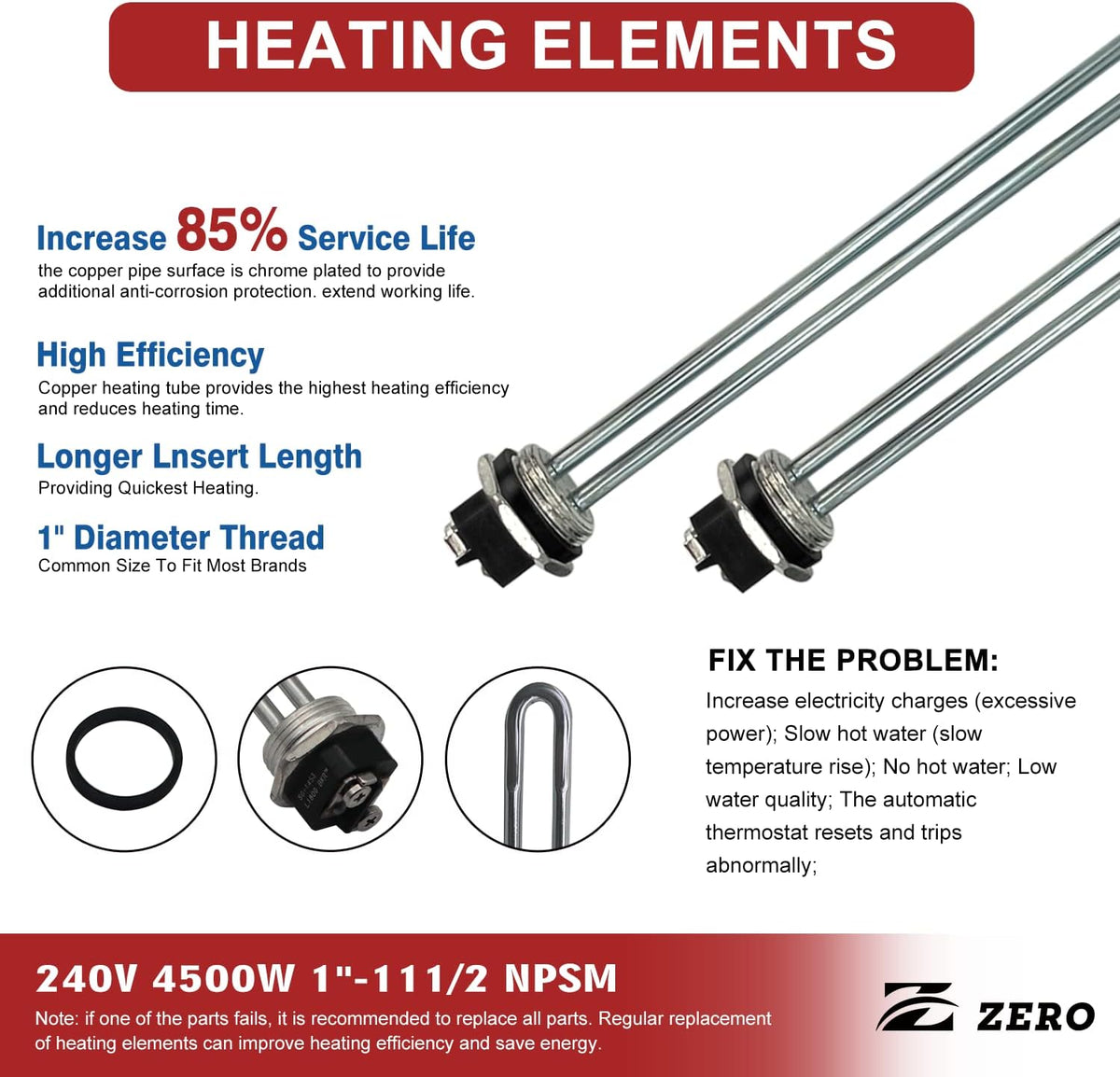 Zero EWH-02 Electric Water Heater Repair Kit with 4500W 240V Elements & TOD Thermostats, Upper/Lower, Fits Rheem, AO Smith, Richmond, Kenmore, GE