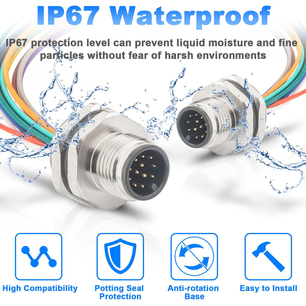 Hamadap 2-Pack M12 12 Pin A Code Male Connector with Trimmed Base 0.2M