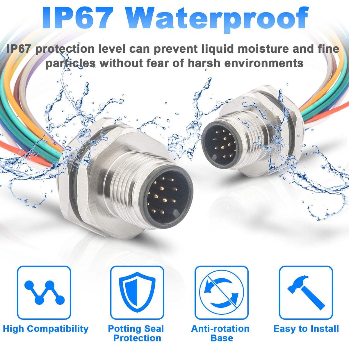 Hamadap 2-Pack M12 12 Pin A Code Male Connector with Trimmed Base 0.2M