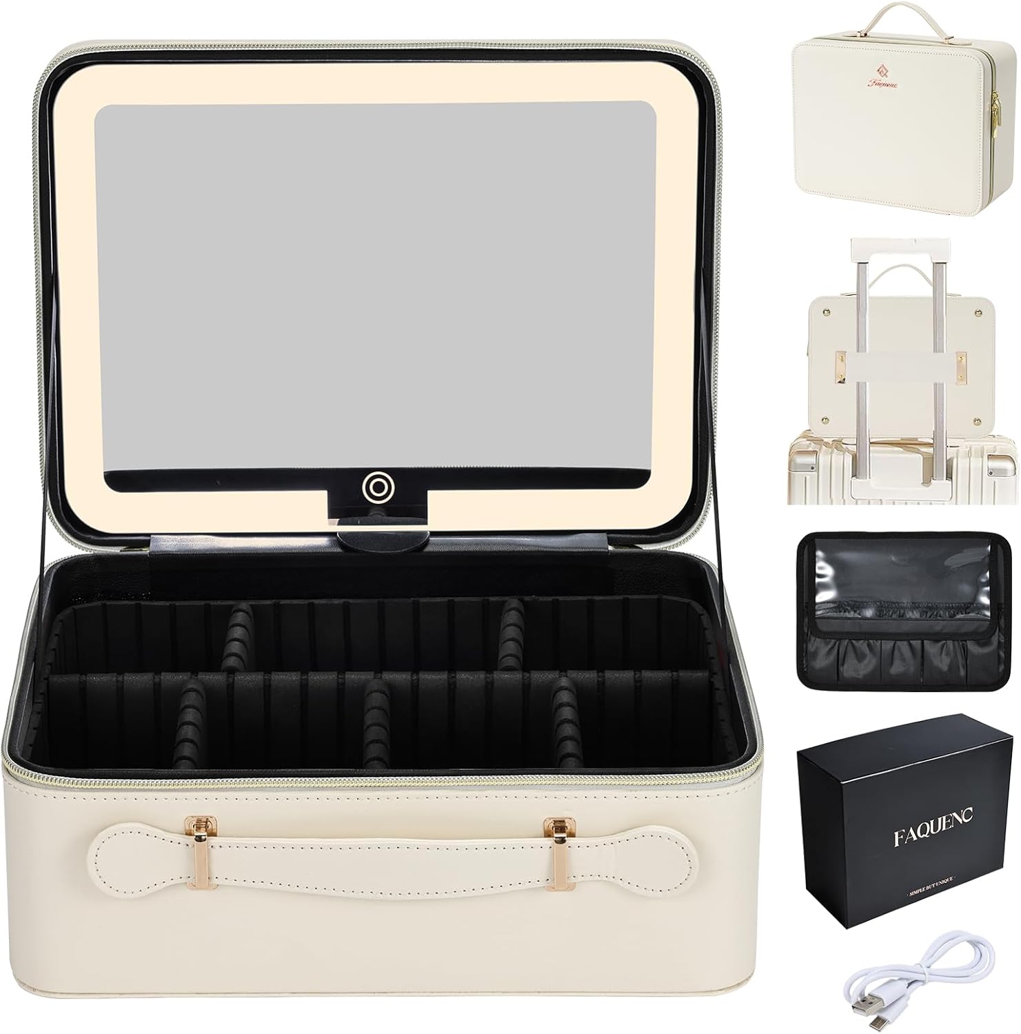 Leather Makeup Case with LED Lighted Mirror 11.4 Inch Travel Makeup Bag Adjustable Brightness in 3 Colors Cosmetic