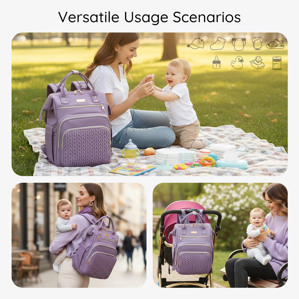 Large Diaper Bag Backpack, Extra Wide Travel Diaper Bag, Purple