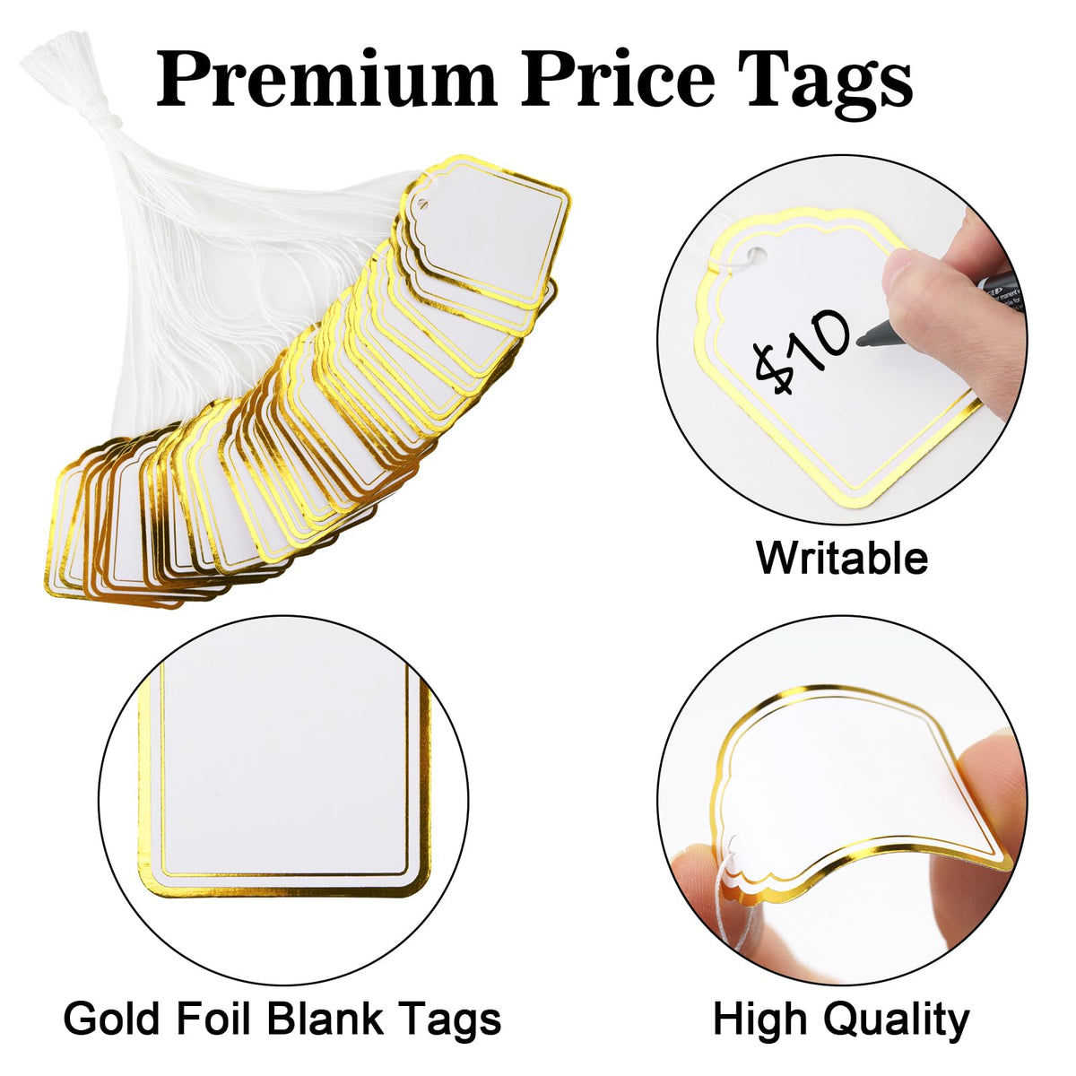 200Pcs Price Tags with String Attached, 1.4x1.8in Gold Gift Tags