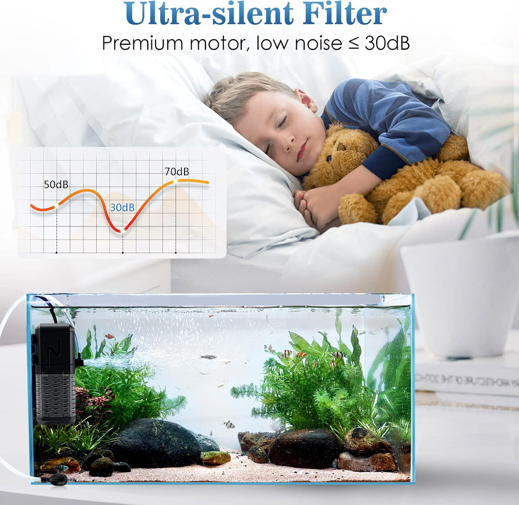 Submersible Aquarium Filter, Adjustable Flow with Aeration System