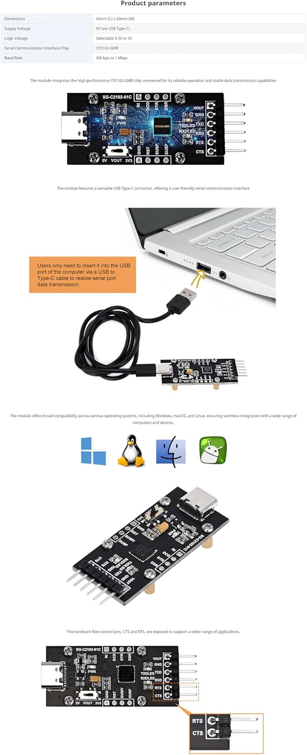 CP2102 USB to UART Serial Converter Module, Type-C Interface, 3.3V/5V Switchable, with CTS/RTS Flow Control, Compatible with Windows, Linux, Mac OS, for Arduino, Raspberry Pi
