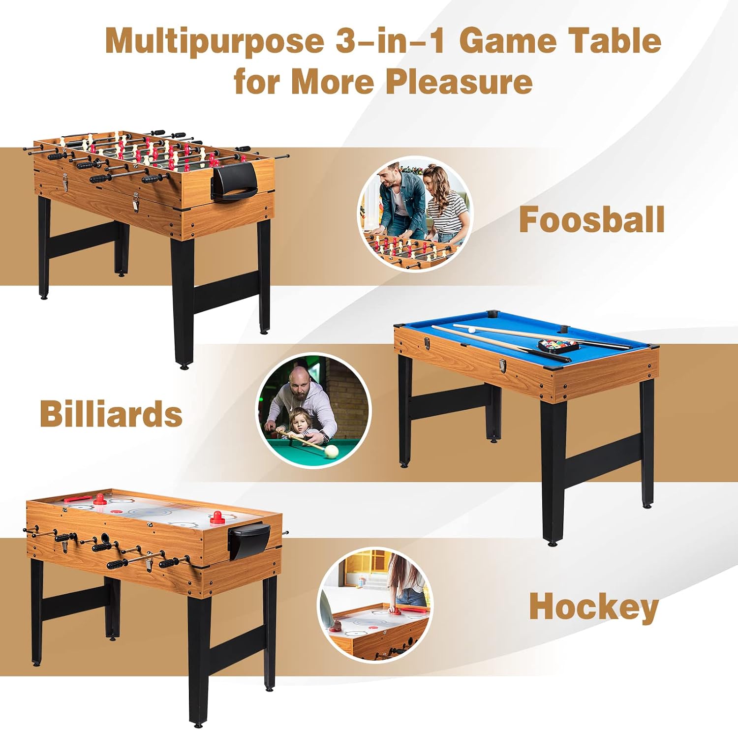 48 Inch Multi Game Table, 3-in-1 Adult Size Foosball, Pool Table, Slide Hockey Table, Combo Table Set w/Billiard