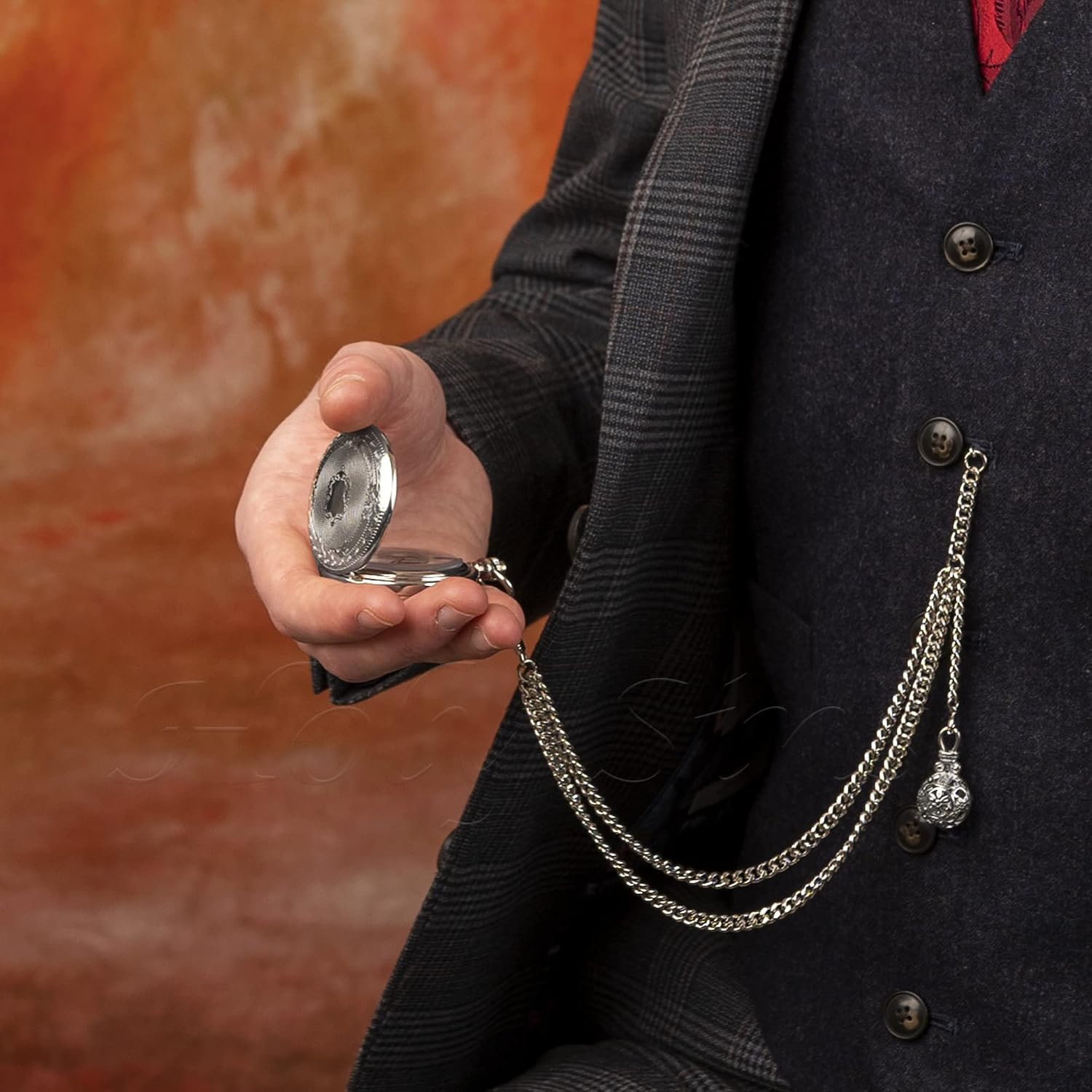 Handmade in The UK Silver Colour Single Albert Pocket Watch Chain with Pendant