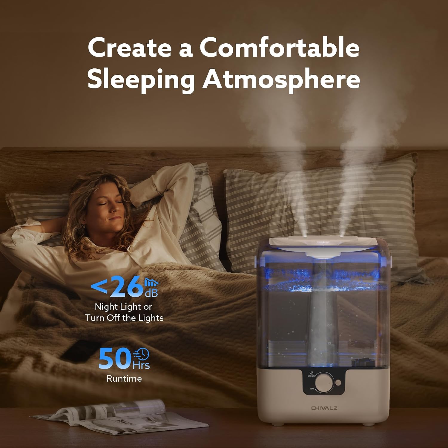 6L Humidifiers for Bedroom, Cool Mist, 26dB, 50H Runtime, White | Top Fill Humidifiers for Home, Baby Nursery, Large