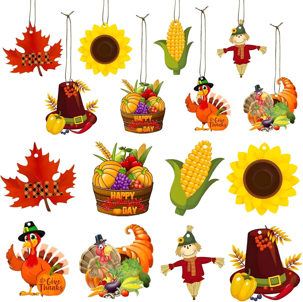 Fall Decor Indoor, 24 PCS Wooden Thanksgiving Hanging Decorations | Rustic Turkey, Scarecrow, Pumpkin & Basket, 8