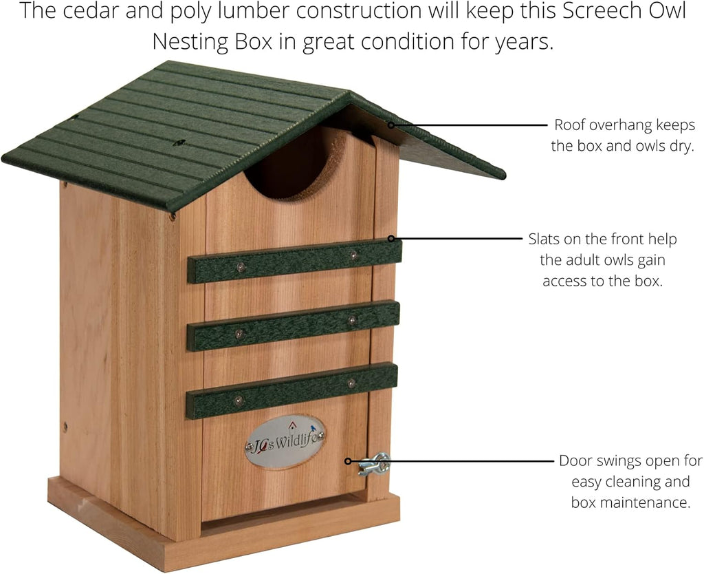Screech Owl House Cedar Nesting Box with Poly Lumber Roof, Saw-Whet Owl Box for Outside, Drainage Ventilation, Easy